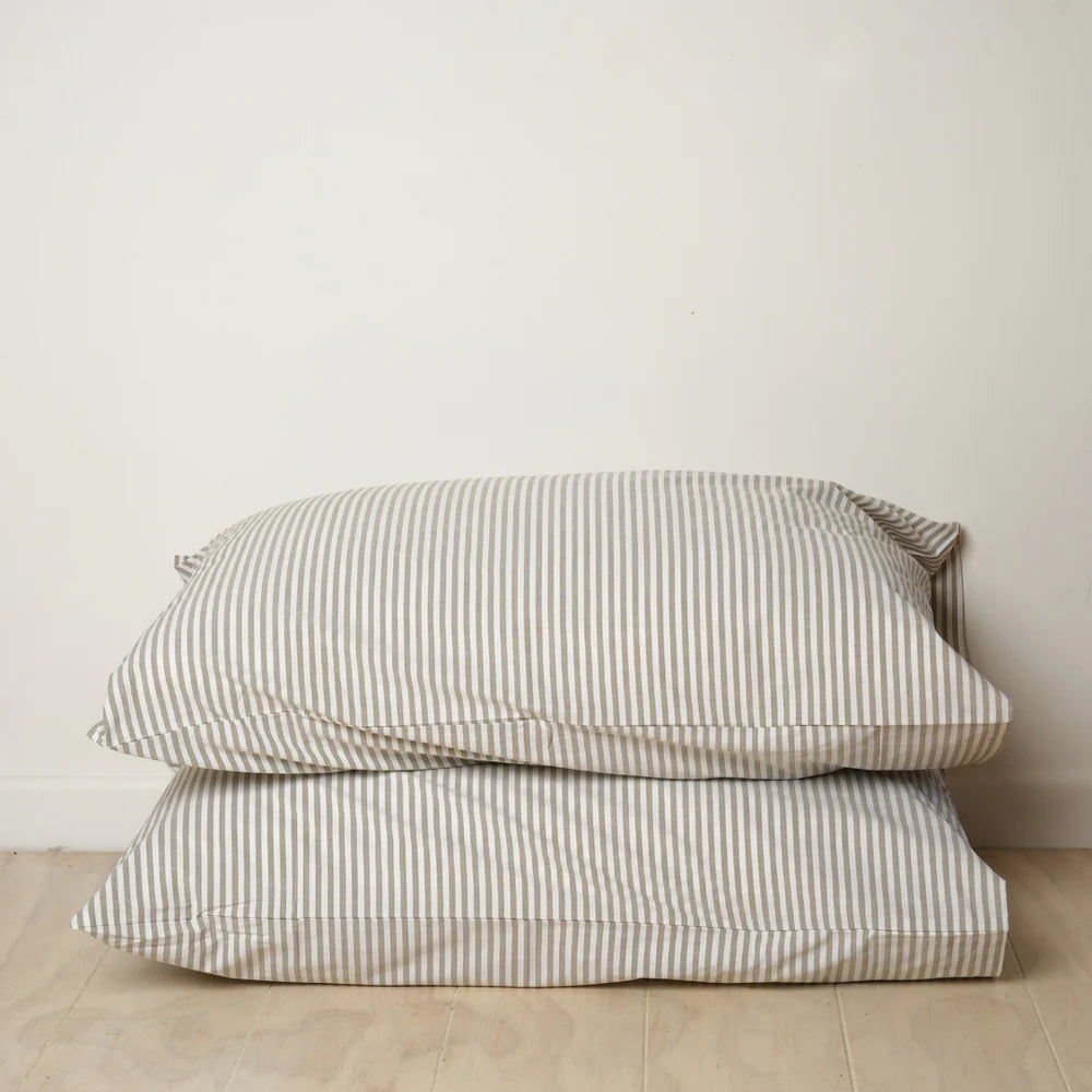 100% STONEWASHED COTTON PILLOWCASE PAIR- OLIVE STRIPE