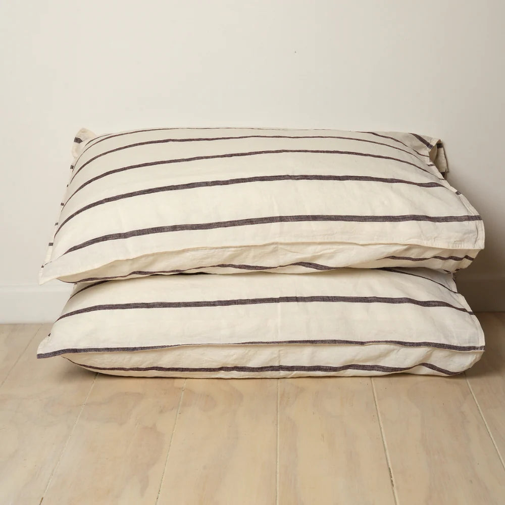 100% FRENCH FLAX LINEN PILLOWCASE PAIR - COCOA STRIPE