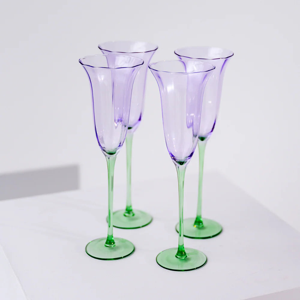FLEUR CHAMPAGNE FLUTE - SET OF 4 - GREEN/LILAC