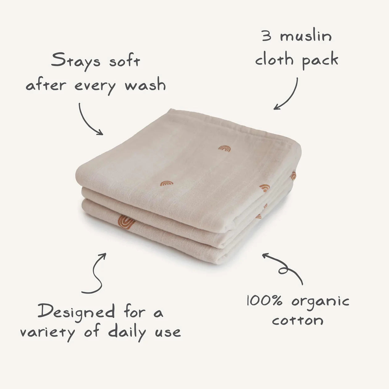 Organic Cotton Muslin Cloths 3-Pack - Rainbows