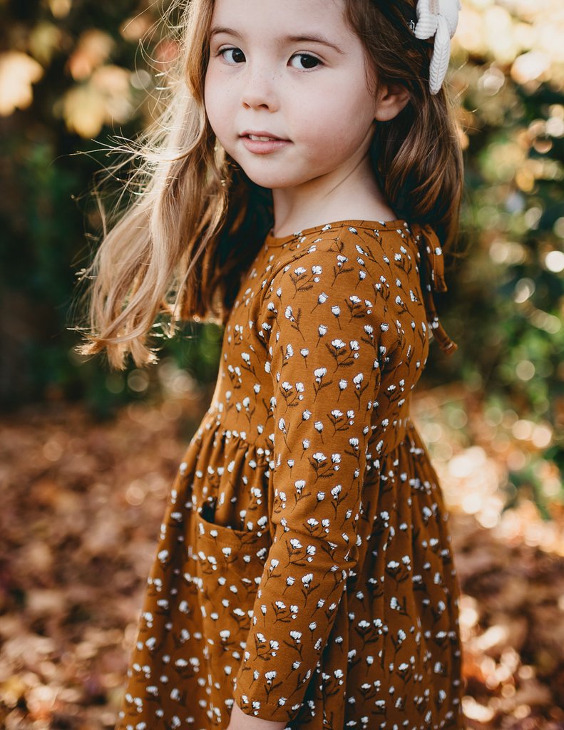 Cotton Puff Long Sleeve Pocket Dress - Acorn