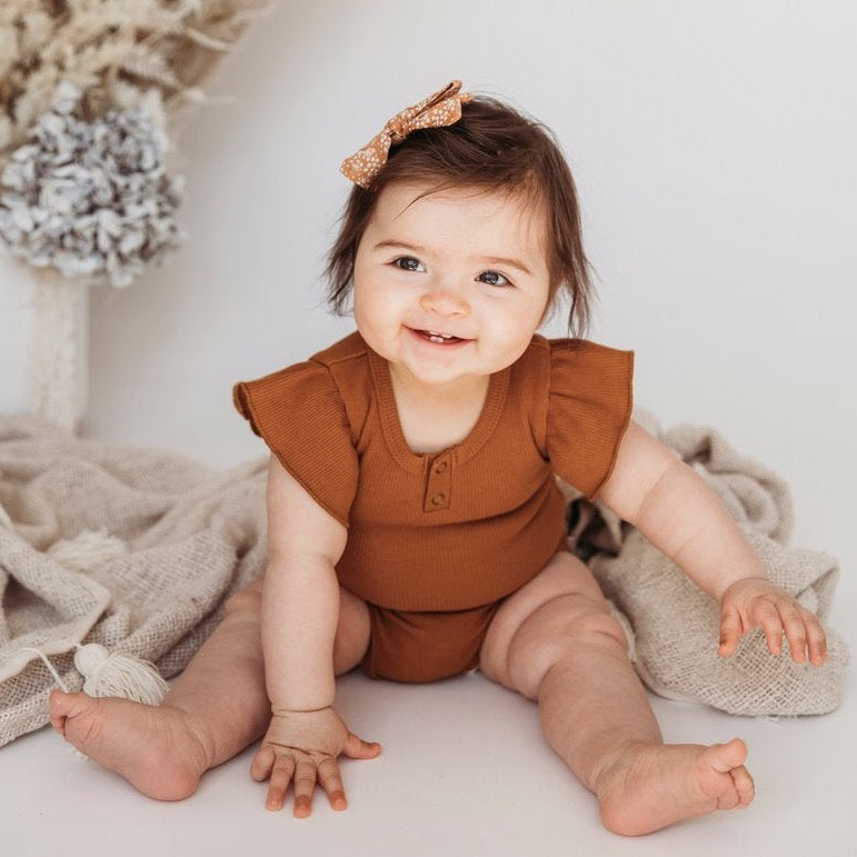 Keira Ribbed Flutter Sleeve Bodysuit - Vintage Gold