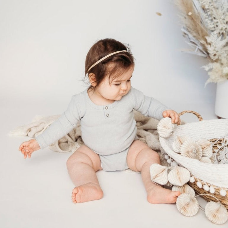 Willow Long Sleeve Waffle Cotton Bodysuit - Sky