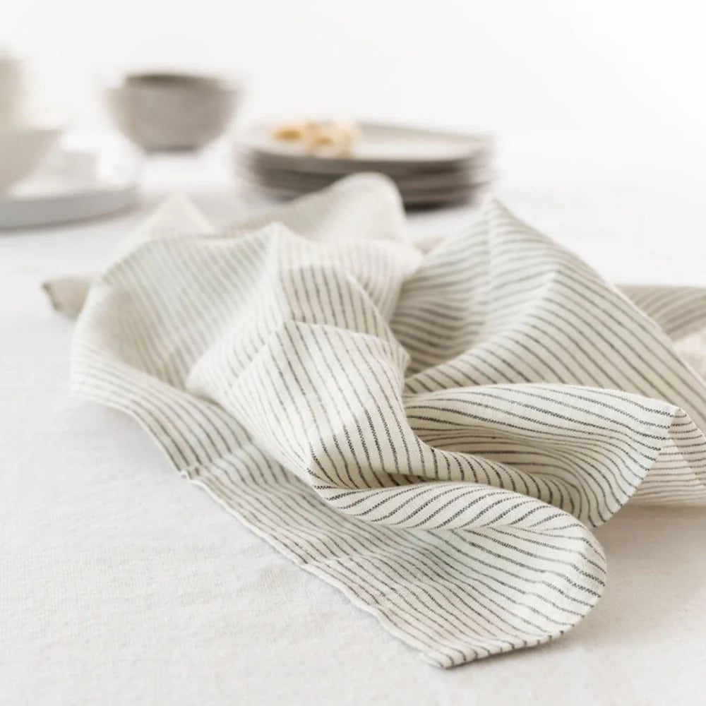 100% FRENCH LINEN TEA TOWEL - SET 2 - CHARCOAL PINSTRIPE