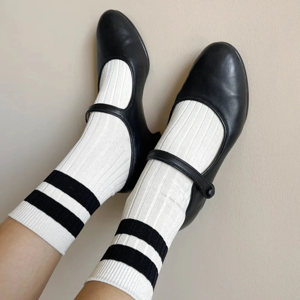 HER VARSITY SOCKS - CREAM BLACK