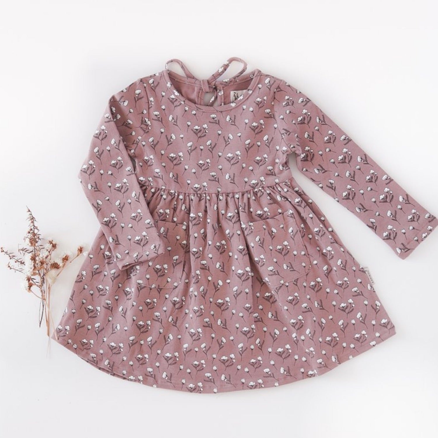 Cotton Puff Long Sleeve Pocket Dress - Dusty Rose