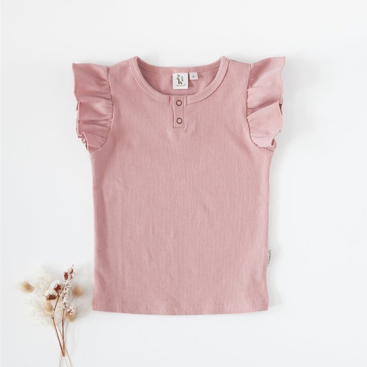 Keira Ribbed Flutter Sleeve Top - Blush